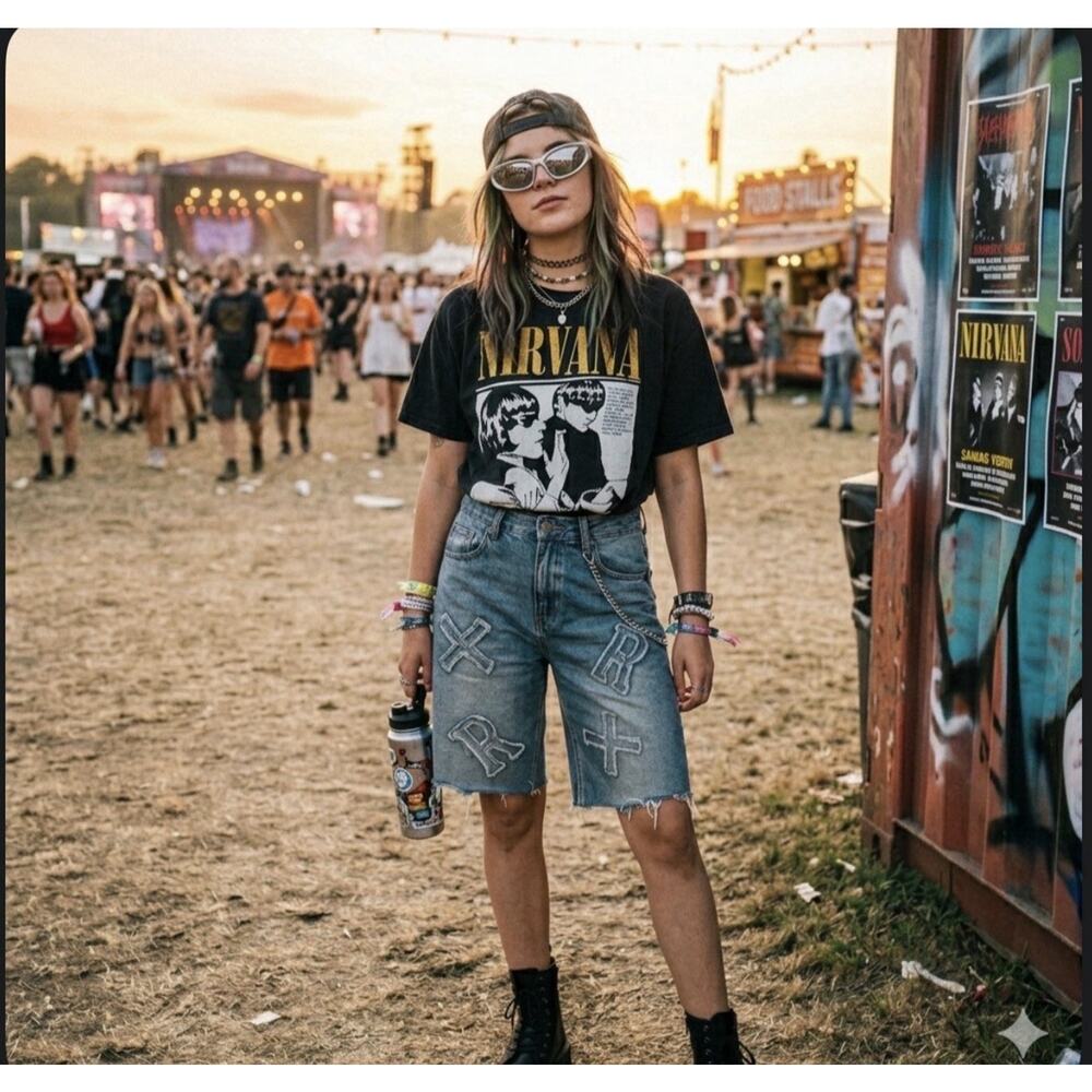 Womens Y2K Denim Shorts XR Cross Patch Raw Hem Longline Skater Festival S Grunge - Picture 2 of 15